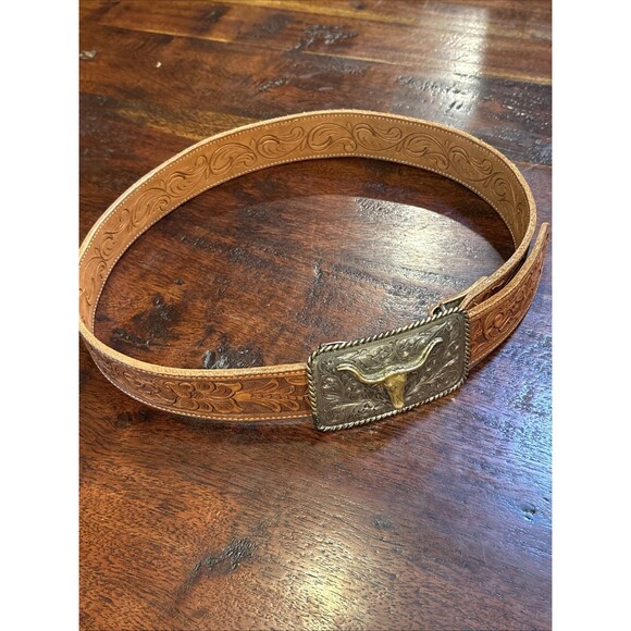 Vintage Polo Ralph Lauren Tooled Leather Silver Plated Longhorn Belt 32 *As-Is* main image 6